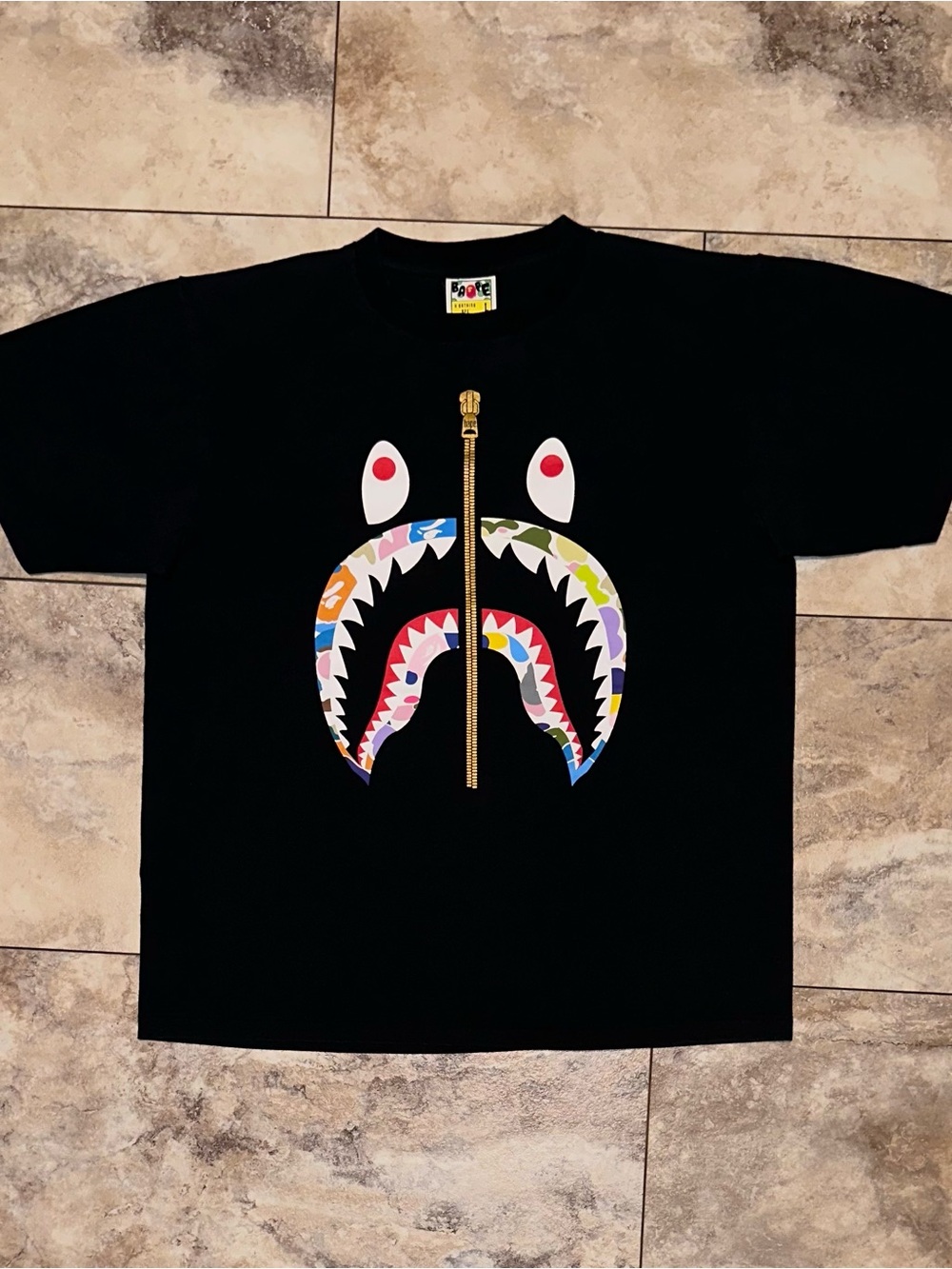 BAPE Multi Color Camo Shark Face Gold Zip Tee Black Size Large